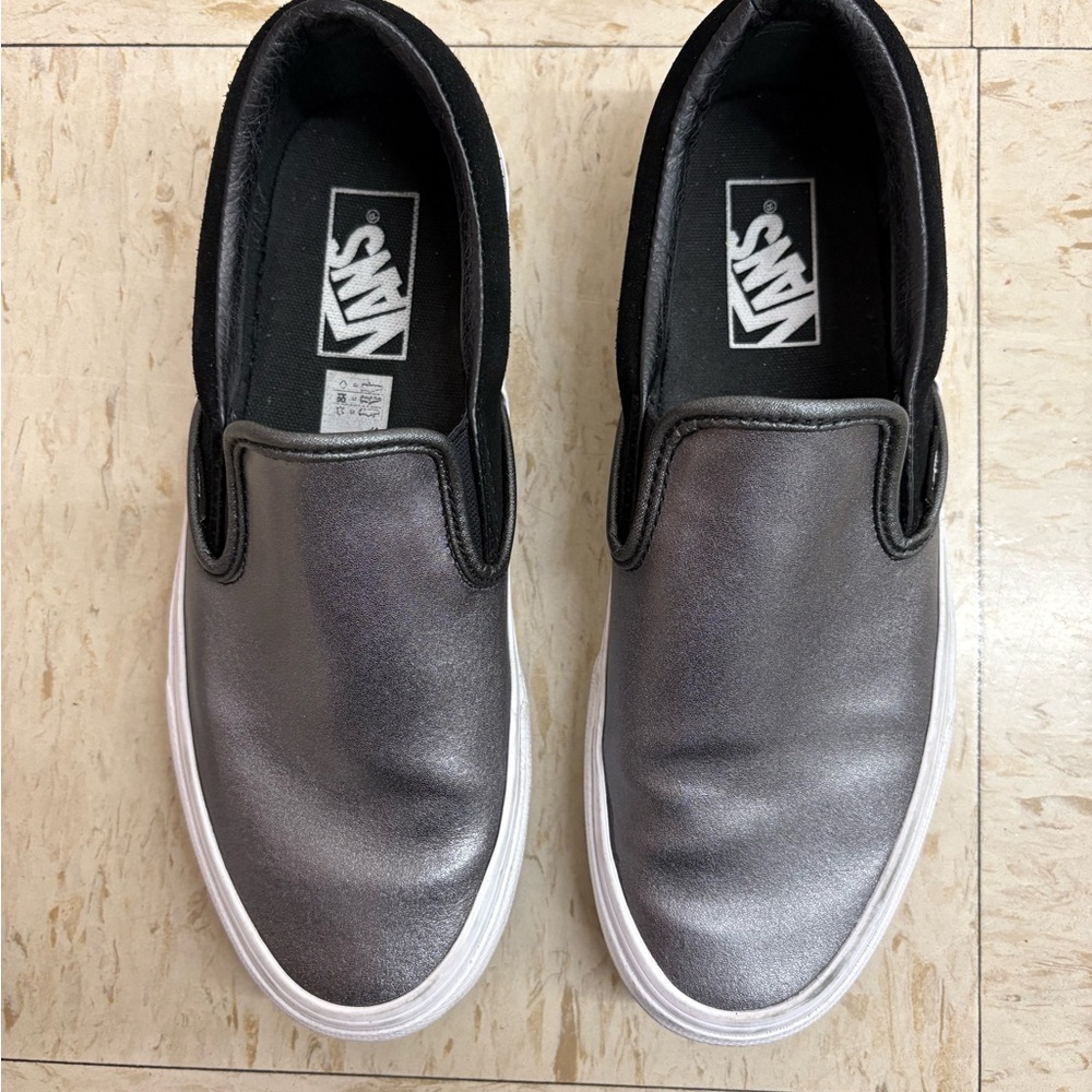 Vans Metallic Silver and Black Slip-Ons. SIZE 8.5